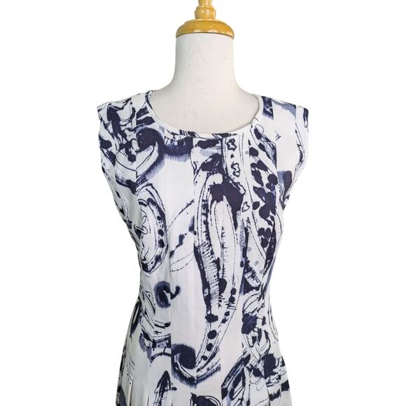 Escada Midi Dress Medium Abstract Paisley Blue Off-White Pleated Career Sleevele - Picture 3 of 12